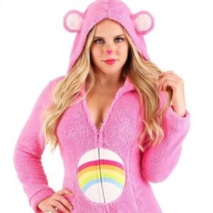 Care Bears Light Pink Fleece Hoodie Onesie Romper with Ears and Heart Cheer Bear